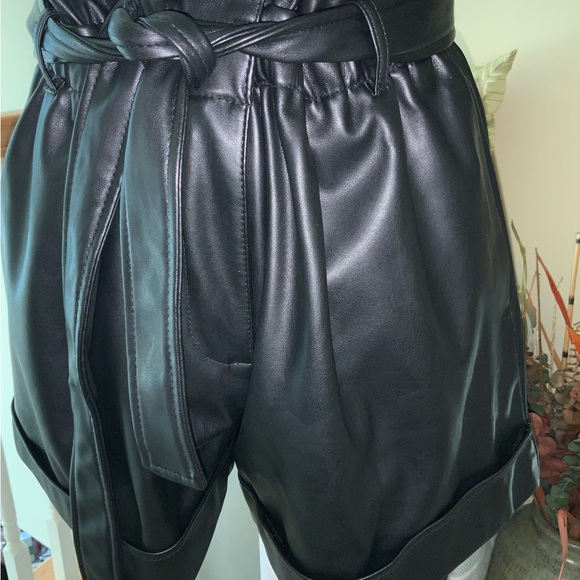 Aqua -Black Faux Leather Paperbag Waist Shorts - Picture 3 of 11